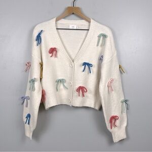 Women's White Sweater with Colorful Bow Accents